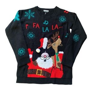 Allison Brittney Black Christmas Sweater - Santa & Reindeer M